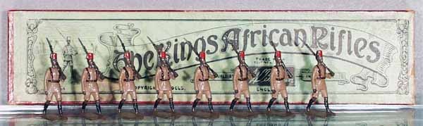 BRITAINS 225 THE KING'S AFRICAN RIFLES: 8 pieces, orig box & insert worn, C8-9.