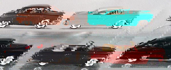 4 BROOKLIN MODELS: die cast, 1951 Ford Sedan, 1956 Ford Hardtop, 1948 Cadillac Sedan, 1949 Lincoln Convertible, made in England, C8-9.
