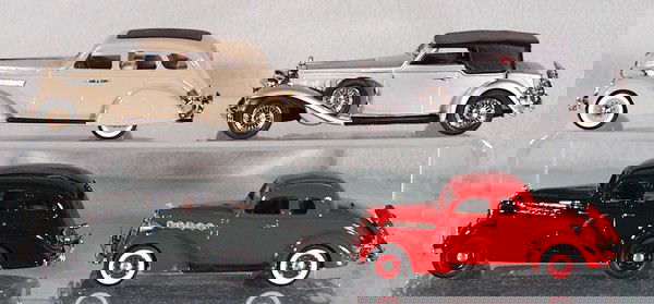 4 BROOKLIN MODELS: die cast, 1935 Nash Sedan, 1933 Stutz Victoria, 1935 Hudson Terraplane Sedan, 1935 Plymouth Coupe, made in England, C8-9.