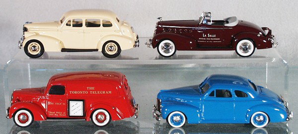 4 DURHAM CLASSICS AUTOS: 1938 Oldsmobile Sedan, 1934 LaSalle Convertible Indy Pace Car, 1939 Ford Panel Van "Toronto Telegram", 1941 Chevrolet Coupe, made in Canada, C8-9.