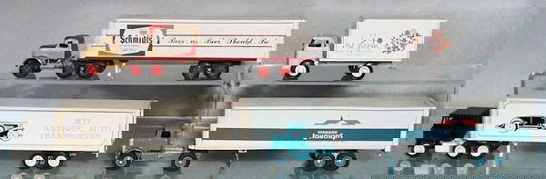 4 WINROSS TRUCKS: die cast, Mack Schmidt's Beer, White M. Epstein box truck, White MTI Antique Auto Transport, Mack Howard Johnson's, some rubber tires melting, C7-8.
