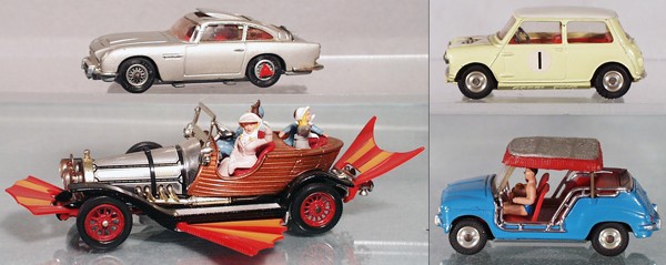 4 CORGI AUTOS: 270 James Bond Aston Martin, ejector seat not working, crack in window, 266 Chitty Chitty Bang Bang, 277 Mini Cooper, 240 Fiat Jolly, C5-7.