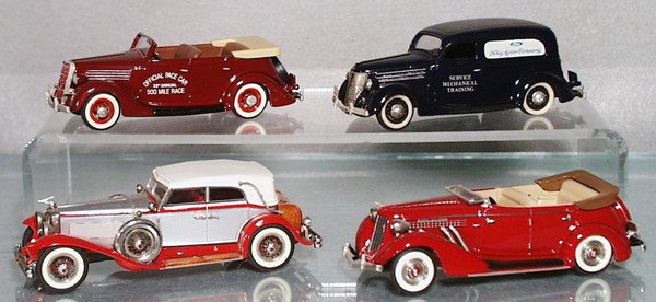 4 MINI MARQUE AUTOS: die cast, 1935 Ford Convertible Indy Pace Car, 1935 Ford Sedan Delivery, missing 1 mirror, Duesenberg J Sedan, 1935 Auburn 851 Convertible, C8-9.