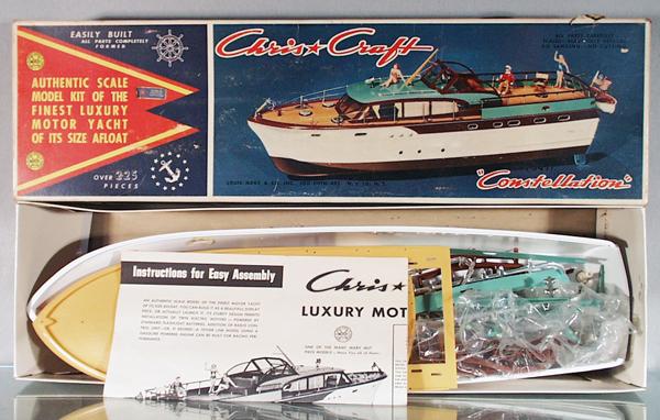 MARX CHRIS CRAFT CONSTELLATION: plastic model kit, 30" long, unassembled, w/directions, appears complete, most parts detached from trees, orig box minor wear, C7-8.
