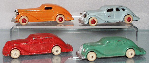 4 BARCLAY AUTOS: slush die cast, 2 Airflows, w/jewel headlights, 5" lng, 2 Airflows, w/closed windows, 5 1/4" long, C4-6.
