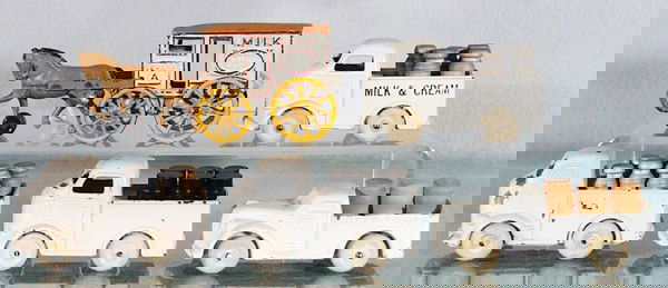 5 BARCLAY MILK TRUCKS: slush die cast, Horse-drawn Milk Wagon, 5" long, 3 Milk Trucks, 3 3/4" long, w/Beer Truck, 4" long, crack in bed, C4-6.