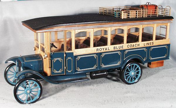 BUDDY L-STYLE MODEL T ROYAL BLUE COACH LINES BUS: custom made, wood, plastic & resin, 32" long, front doors working, C8-9.