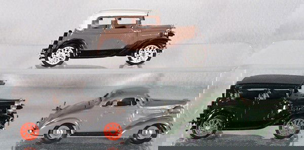 3 BROOKLIN MODELS: die cast, 1930 Ford Model A Victoria, 1930 Ford Model A Tudor, 1937 Chevrolet Coupe, made in Canada, C8-9.