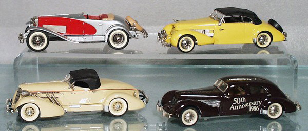 4 MINI MARQUE AUTOS: die cast, Clark Gable Duesenberg SSJ, windshield & ornament loose, Tom Mix 36 Cord, 35 Auburn Speedster, 36 Cord Westchester, C8-9.