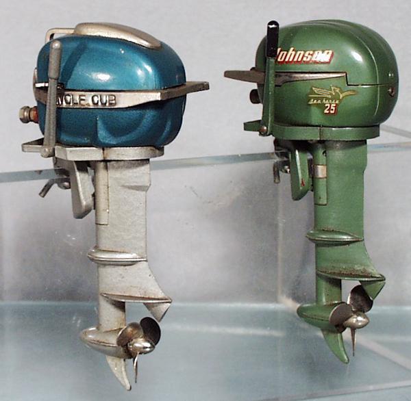 2 JAPANESE OUTBOARD MOTORS: tin & die cast, battery operated, not tested, Wolf Cub & Johnson Sea Horse 25, 5" to 5 1/4" tall, C6-7.