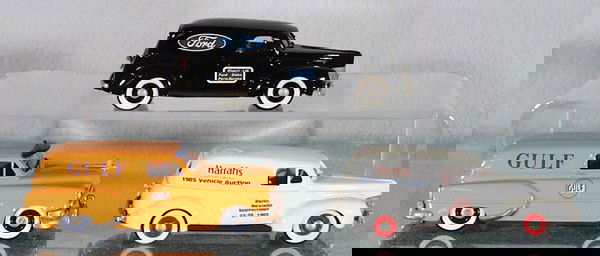 3 BROOKLIN MODELS: die cast, 1940 Ford Sedan Delivery, 1953 Pontiac Gulf Sedan Delivery, 1940 Ford Harrah's 1985 Sedan Delivery, made in England, C8-9.