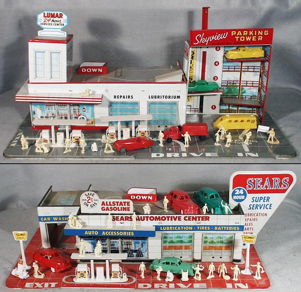 2 MARX GAS STATIONS: litho tin & plastic, Lumar 29" long, Sears 26" long, both w/cars & plastic accessories some not orig to toys, both incom, C5-6.