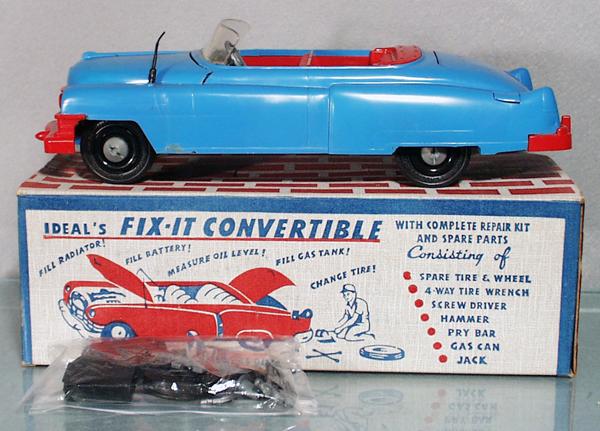 IDEAL 3058 CADILLAC FIX-IT CONVERTIBLE: blue & red plastic, 13" long, complete w/spare parts & tools, windshield has interior stress cracks, orig box, C8.