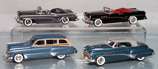 4 MOTOR CITY BUICKS: die cast, 1954 Skylark Convertible, 1954 Century Convertible, 1949 Roadmaster Wagon, 1949 Riviera Hardtop, C8-9.