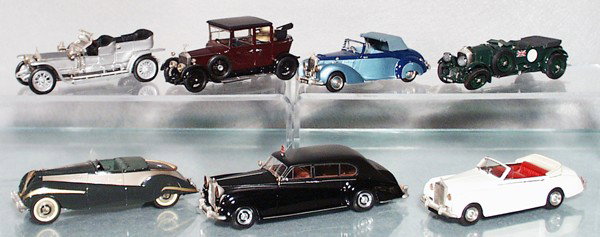 7 TOP MARQUE AUTOS: die cast, Rolls Royce Silver Ghost, Rolls Royce Landaulet, Alvis, LeMans Bentley, Rolls Royce Phantom, Rolls Royce Royal Phantom V, Rolls Royce Silver Cloud, made in England, C7-9.