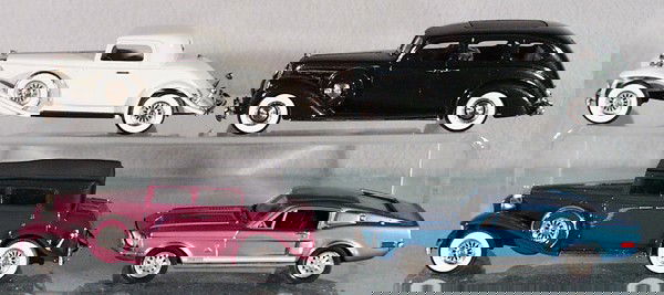 4 BROOKLIN MODELS: die cast, 1931 Marmon V16 Coupe, 1937 Lincoln Sedan, 1931 Marmon Convertible Sedan, 1968 Shelby Mustang, made in England, C8-9.