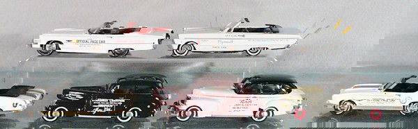 5 INDY PACE CARS: die cast, 1973 Cadillac Eldorado, 1965 Plymouth Fury, 1972 Olds 442, 1940 Studebaker Champion, 1947 Nash Sedan, various manufacturers, made in England, C8-9.