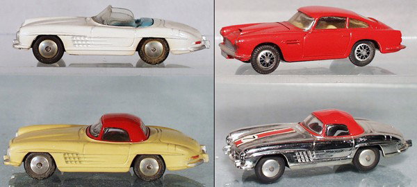 4 CORGI AUTOS: 303, 304, 304S Mercedes Benz 300SL, 218 Aston Martin, C6-8.