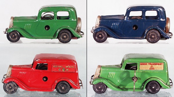 4 MINIC FORDS: 1M Saloon, green, 3M Royal Mail, red, King George version, 1M Saloon, blue, 2M Van, green, clockworks working, 1 key only, C5-7.