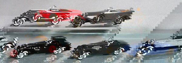 5 MINI MARQUE AUTOS: die cast, Auburn Speedster, Duesenberg Murphy Speedster, Duesenberg Model A, Cord 812, Cord 810, C8-9.