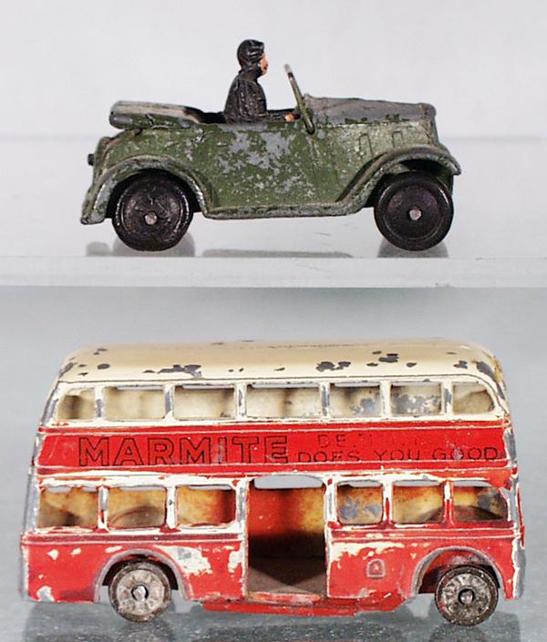 2 DINKY VEHICLES: 152C Army Austin 7 w/drivre, 294 Doubledecker Bus, small repair to floor, C2.