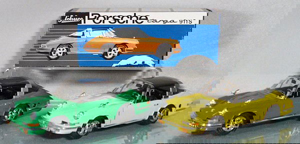 2 SCHUCO 1081 PORSCHE TARGA 911S: plastic & tin, clockwork working, w/keys, 1 orig box only, box minor wear, C7-8.