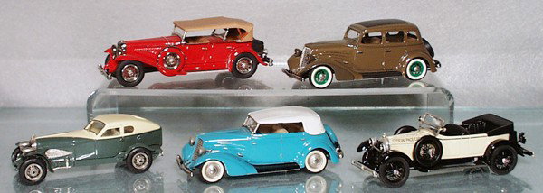 5 MINI MARQUE AUTOS: die cast, Duesenberg J Tourer, 1934 Auburn Sedan, missing 1 doorhandle, 1929 Auburn Speedster, 1934 Auburn Convertible Sedan, 1923 Duesenberg Pace Car, C8-9.