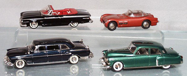 4 ILLUSTRA MODELS: die cast, 1961 Plymouth Fury Convertible, 1954 Pontiac Bonneville Special, 1956 Chrysler Imperial Limousine, 1948 Cadillac Fleetwood Sedan, made in England, C8-9.