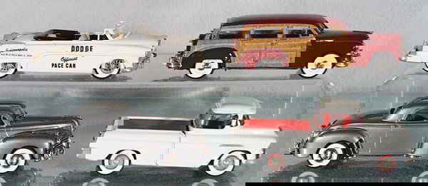4 BROOKLIN MODELS: die cast, 1954 Dodge Royal 500 Indy Pace Car, 1949 DeSoto Station Wagon, 1941 Chrysler Saratoga Coupe, 1955 Chevrolet Cameo Pick Up, made in England, C8-9.