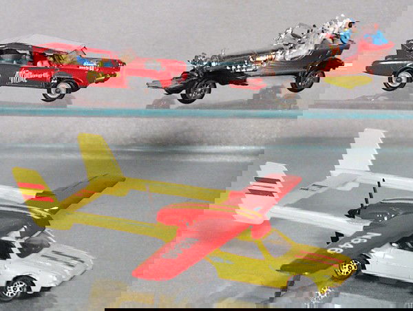 CORGI JR. & HUSKY VEHICLES: Husky 1004 Monkeemobile, Husky 1006 Chitty Chitty Bang Bang, missing rear wing, Corgi 2018 Aero Car, melt mark on wing spar, C5.