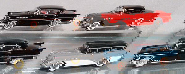 4 CONQUEST MODELS: die cast, 1957 Buick Roadmaster Sedan, 1953 Buick Super Hardtop, 1958 Cadillac Fleetwood Limousine, 1956 Buick Century Estate, C8-9.