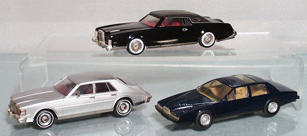 3 WESTERN MODELS: die cast, 1973 Lincoln Continental, Cadillac Seville, Aston Martin Lagonda, made in England, C7-8.