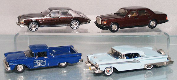4 WESTERN MODELS: die cast, Cadillac Seville, Bentley Mulsanne, Ford Ranchero, w/Men Tone Construction Corp decals, Ford Galaxie Skyliner, side mirror broken, made in England, C8-9.