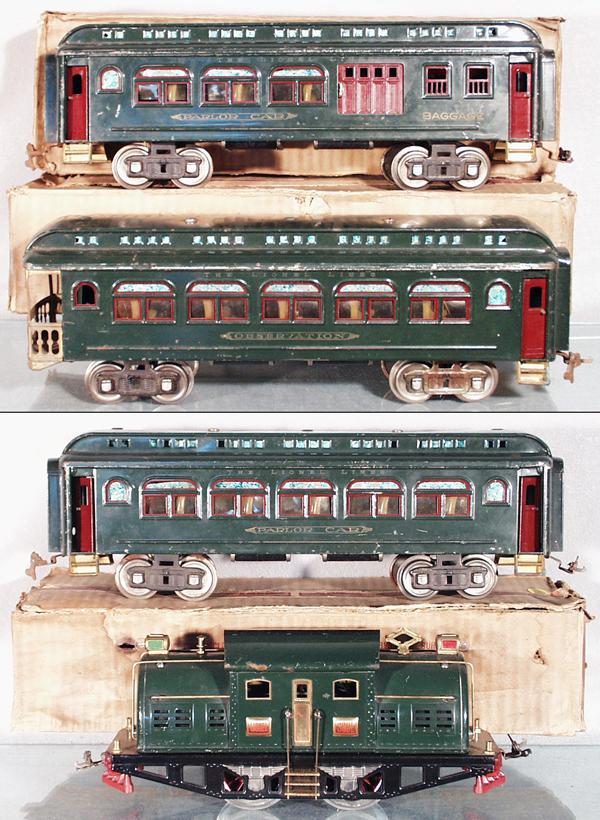 LIONEL TRAIN SET: std ga, dark green, 380E loco, rewheeled, 429 baggage, 428 parlor, 430 obsv, coaches have cardboard box ripples in paint on roof, orig boxes worn, C4-5.