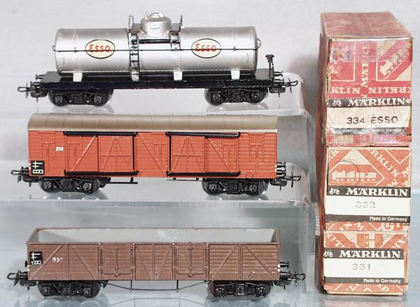 MARKLIN FREIGHT CARS: HO ga, 334 Esso tank, 332 box car, restored, 331 gondola, orig boxes minor wear, C6-8.