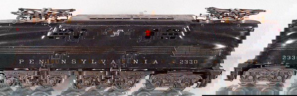 LIONEL 2330 PRR GG1: O ga, twin motor, stripes are 50%, surface oxidation on pantographs, w/4 repro decals, C5.