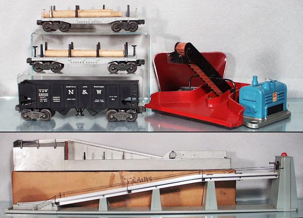 3 LIONEL ACCESSORIES: O ga, 364 lumber loader, orig box, w/2411 & 6411 log cars, 456 coal ramp, handrails restrung, 397 coal loader w/bin, 3456 operating hopper, C5-6.