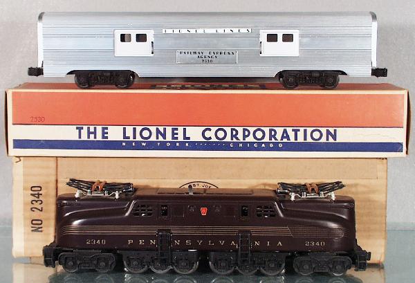 LIONEL 2254W CONGRESSIONAL TRAIN SET: O ga, test run only, 2340 PRR GG1, tuscan, stripes 100%, 2530 baggage, 2542 vista dome, 2543 Pullman, 2544 Pullman, 2541 obsv, orig boxes minor wear, 1 flap taped, orig set box has store graffiti, C7-
