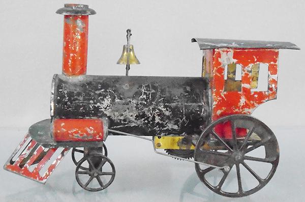 IVES VULCAN LOCO: handpainted tin, 10 in long, windup working, paint worn, ca 1880, C5.