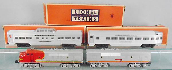 LIONEL TRAIN SET: O ga, 2353P Santa Fe diesel, missing 1 numberboard, minor nose decal wear, 2353T, 2532 vista dome, 2531 obsv, 3 orig boxes only, boxes have wear, no loco box, C7.