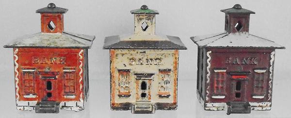 3 J&E STEVENS CUPOLA BANKS: painted cast iron, 4 1/8 in, no breaks or repairs, C5-6.