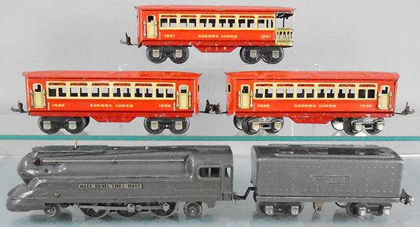 LIONEL TRAIN SET: O ga, 1668E loco, 1668W tender, 2 #1690 Pullmans, 1691 obsv, C6-7.