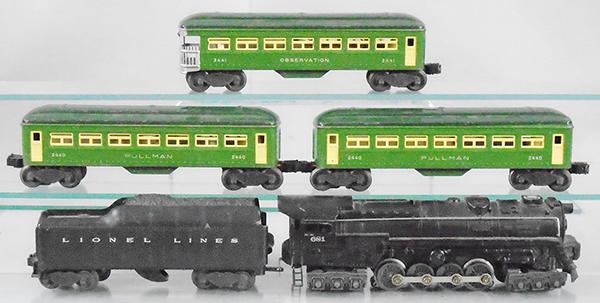 LIONEL TRAIN SET: O ga, 681 turbine loco, 2046W tender, 2 #2440 Pullmans, 2441 obsv, C6-7.