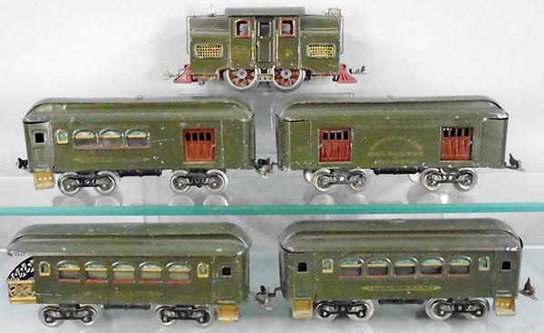 LIONEL TRAIN SET: std ga, 33 loco, die cast wheels, 2-piece frame, Corporation end plates, 32 baggage, 31 combine, 35 Pullman, 36 obsv, set is blue green & has combination couplers, C5-6.