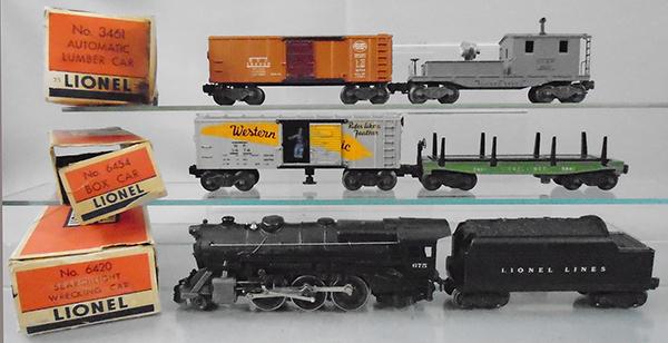 LIONEL TRAIN SET: O ga, 675 loco, restored, 2466W tender, 3474 WP operating box car, 3461 log car, 6454 NYC box car, 6420 work caboose, 3 orig boxes only, boxes are rough, C6-8.