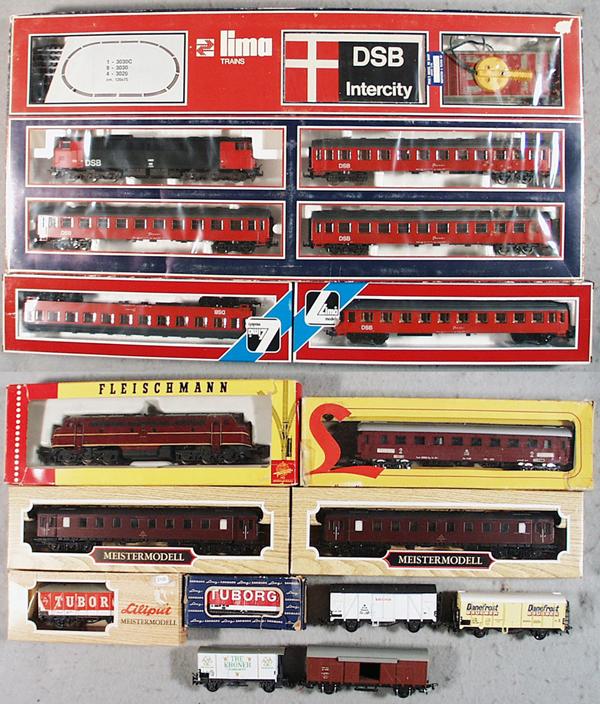 DANISH HO TRAINS: HO ga, 2-rail, Lima train set, orig set box some wear, w/2 extra coaches, Fleischmann loco w/3 coaches & 6 freight cars, orig boxes minor wear, C7-9.