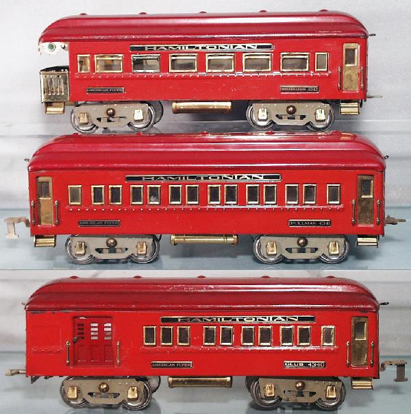 AMERICAN FLYER HAMILTONIAN COACHES: std ga, 4340 combine, 4341 Pullman, 4342 obsv, all cars have some paint disturbance on sides, orig boxes worn, C6.