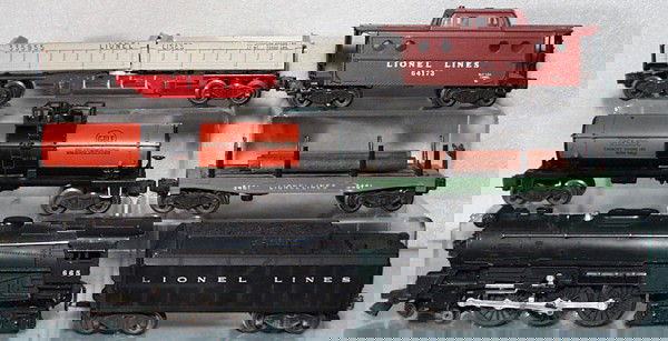 LIONEL TRAIN SET: O ga, 665 loco, 6026W tender, 6315 Gulf tank, 3461 log dump, 3359 double dump, 6417 caboose, C5-6.