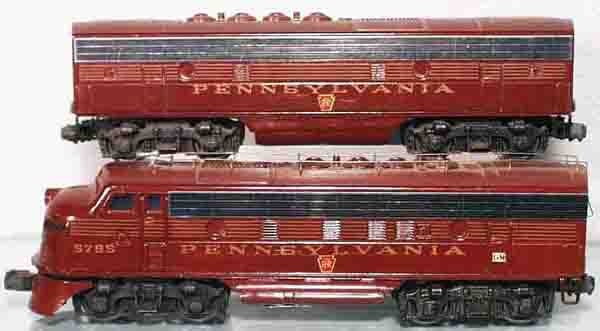 LIONEL PRR TRAIN SET: O ga, 2383 AA unit, w/7 aluminum cars, all are painted tuscan w/added trim, C4-6.