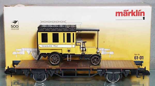MARKLIN 5842 POST CAR: 1 ga, flat w/die cast Kaiser Post auto, auto has cracked roof trim, orig box & insert worn, C7-8.